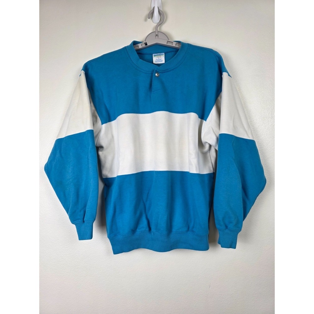 VTG 90s Cheetah Sweatshirt Unisex M Blue White Two Tone Button‎ Crew Neck Collar